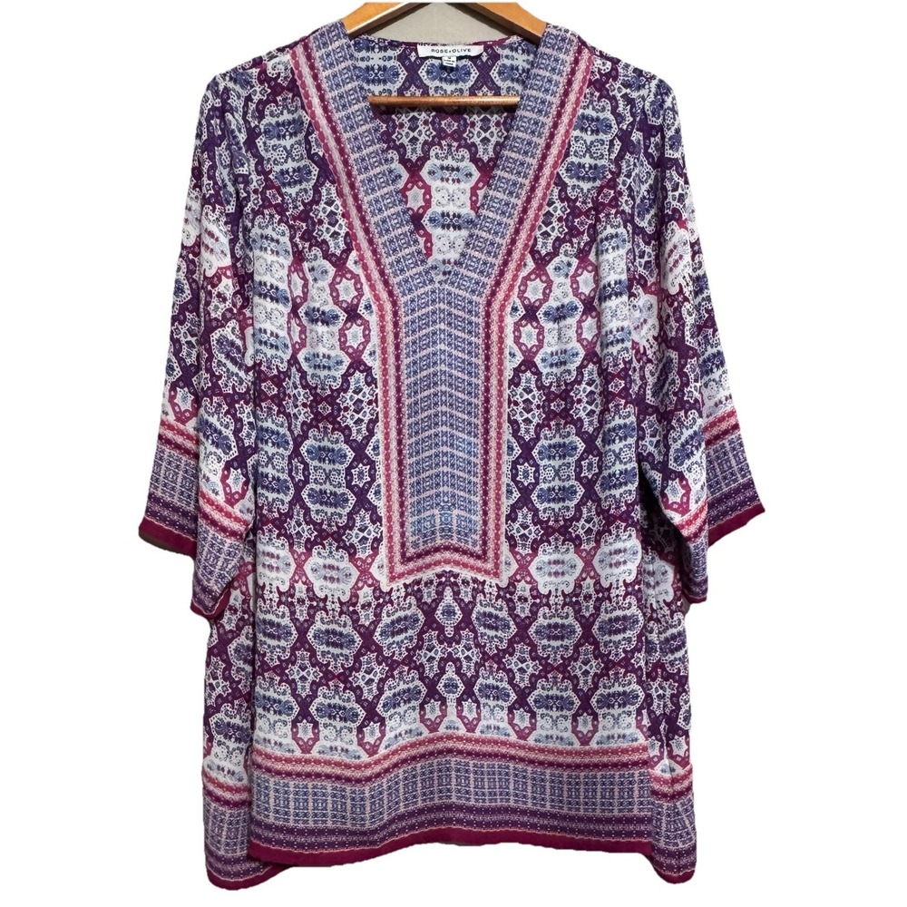 Rose & Olive Women's Tunic Shirt 1X Boho Peasant Colorful Geometric Whimsy